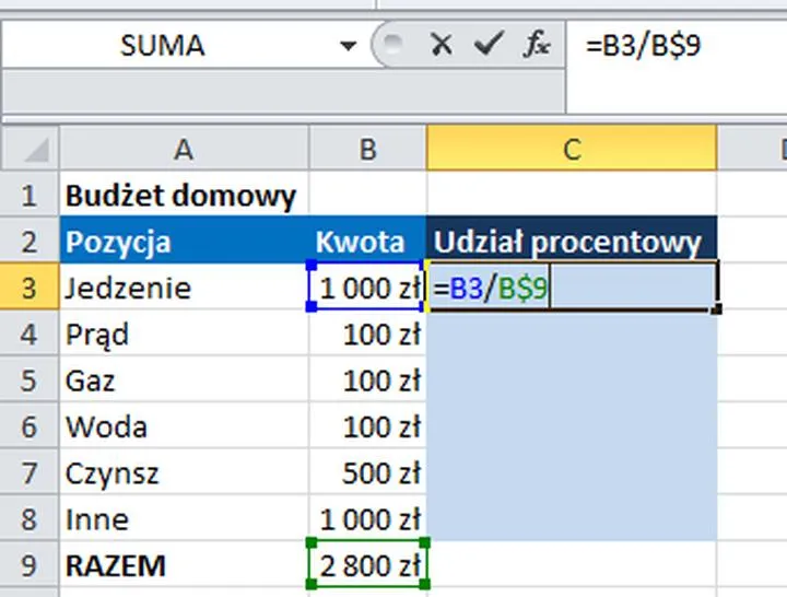 Odejmowanie procentów w Excelu